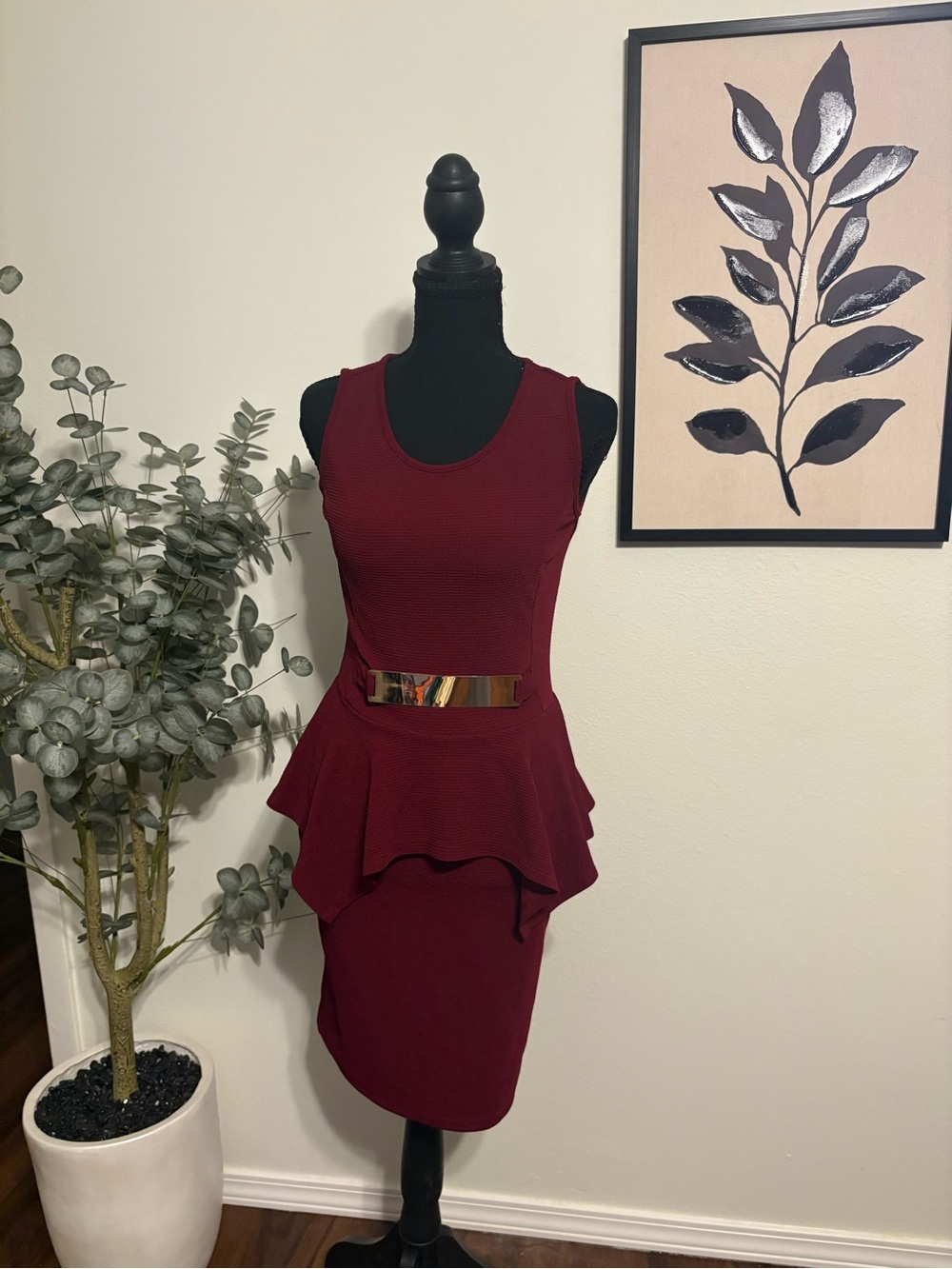 Sleeveless Peplum Midi Dress in Burgundy with Metallic Accent